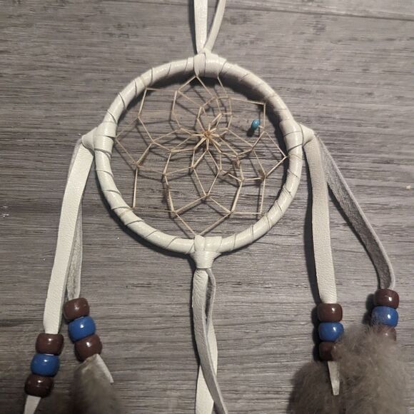 lot #105 Handmade set of 2 Leather Dreamcatchers with Feathers Beads Accents - Picture 3 of 7